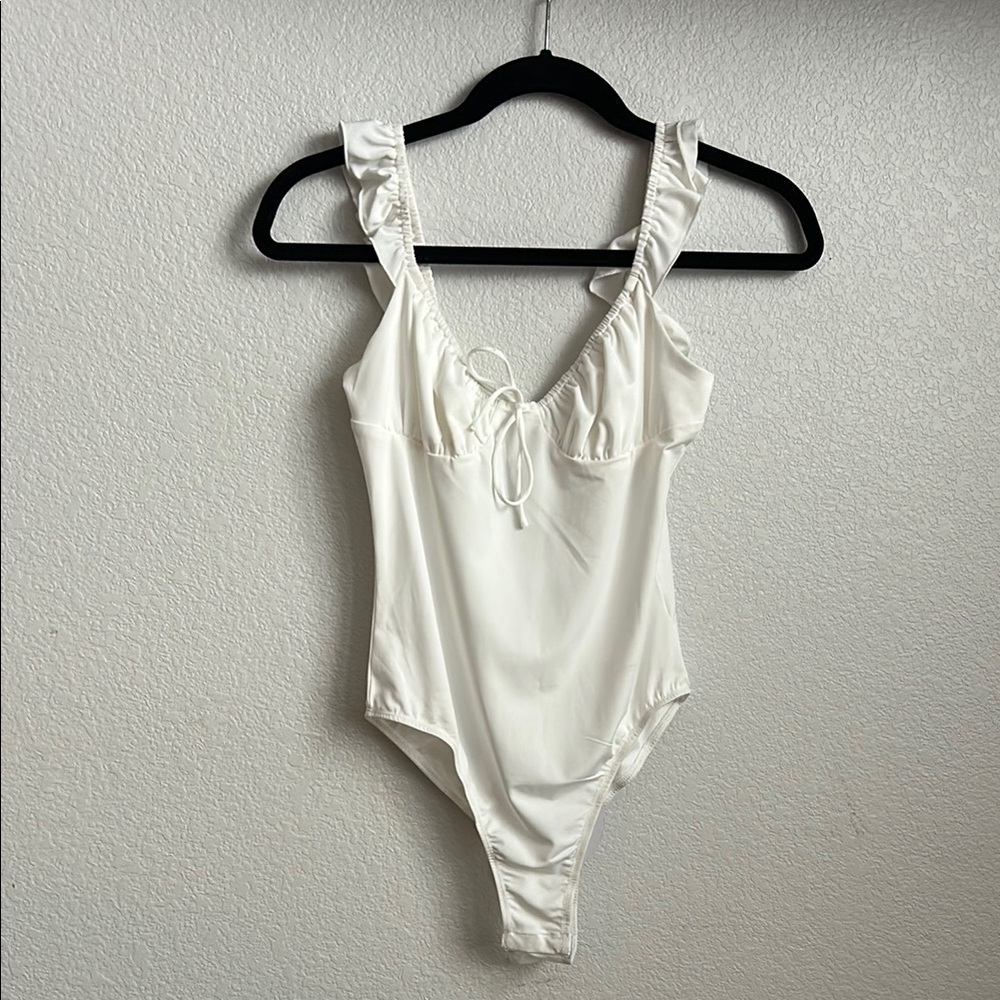 Princess Polly White Bodysuit with V-Neck and Ruffle Trim